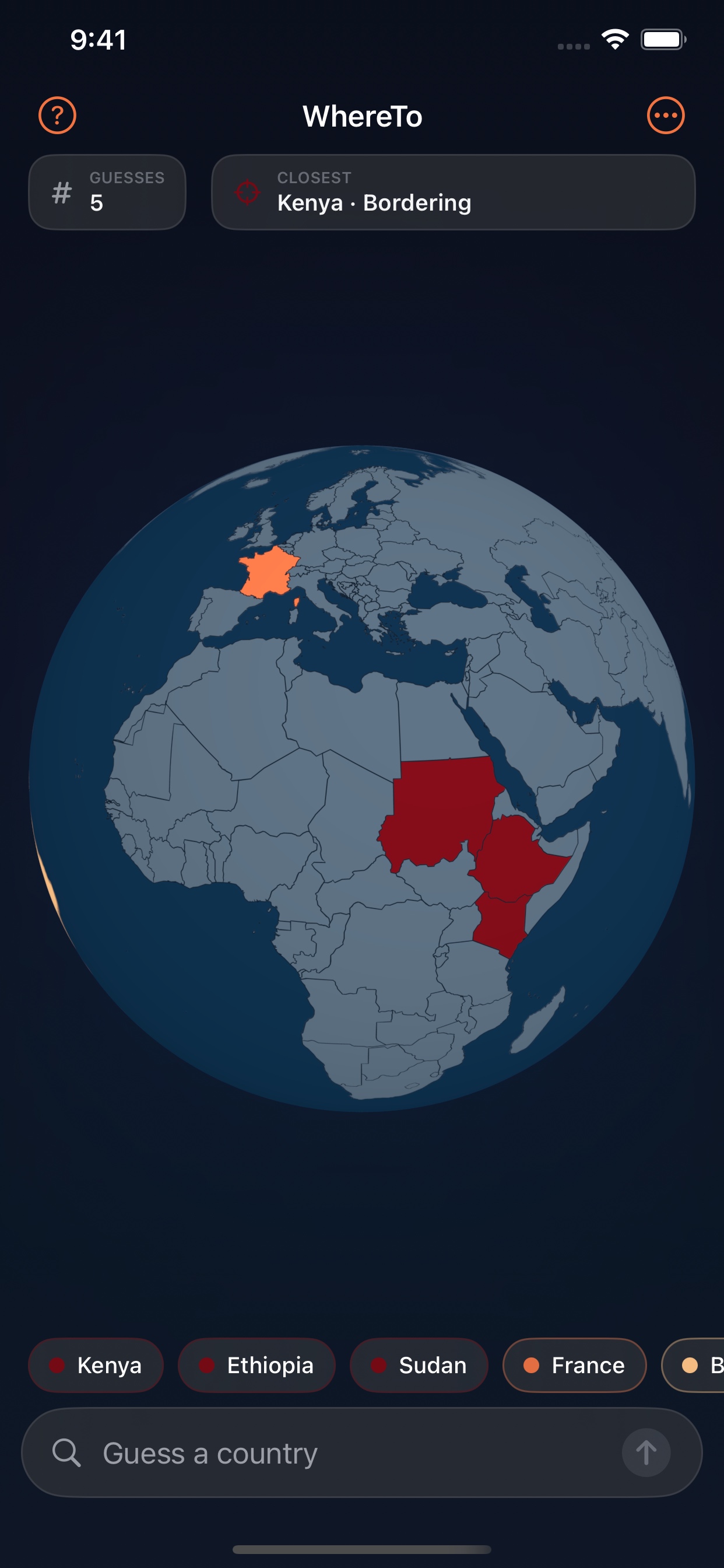 WhereTo gameplay showing guesses on a globe and a bordering-country clue